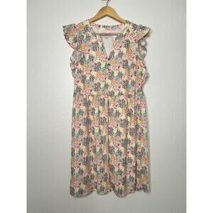 Loft Paradise Ruffle Button Dress Vibrant Tropical Jungle Print Babydoll Size S